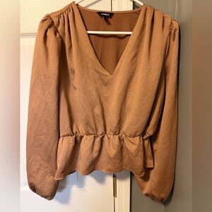 Express Tan V-Neck Peplum Blouse